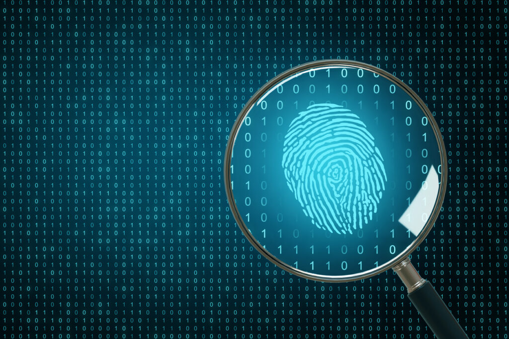 Binary code backdrop with magnifier and finger print. Biometrics and computing concept. 3D Rendering